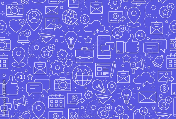 Fototapeta Seamless pattern with line design social media icons isolated on blue background - Vector stock illustration.