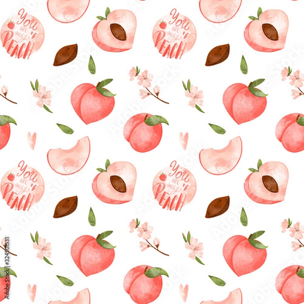 Fototapeta Digital art cute peach seamless pattern on a white background. Print for fabrics, packaging paper and packages, posters, cards, invitations, clothes, covers, web design.