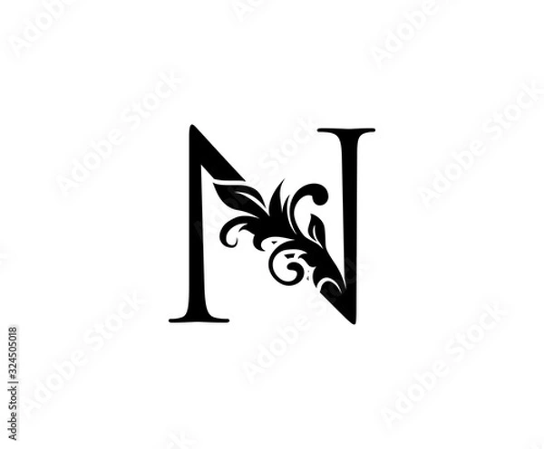 Fototapeta Classic Elegant letter N. Graceful royal style. Calligraphic beautiful logo. Vintage drawn emblem for book design, brand name, business card, Restaurant, Boutique, Hotel. 