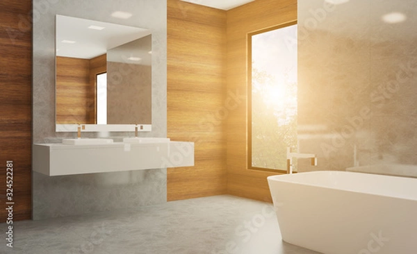 Fototapeta Bathroom with wood paneling on the walls. modern sink. marble floor. 3D rendering.. Sunset