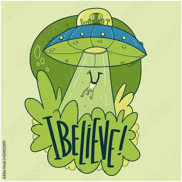 Fototapeta UFO abducts human. Space ship UFO ray of light in the night sky