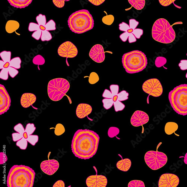 Obraz Colourful Lights-Flowers in Bloom Seamless Repeat Pattern. Abstract flowers leaves and lights vivid pattern background design in purple, pink, orange,yellow and black . Surface pattern design. Perfect