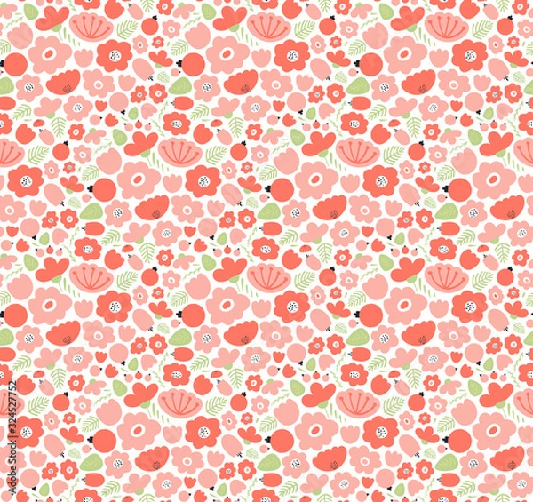 Fototapeta Hand drawn seamless vector pattern with ditsy pink and red flowers, green leaves. Scandinavian style flat design. Concept for Valentines day textile print, wallpaper, wrapping paper, packaging.