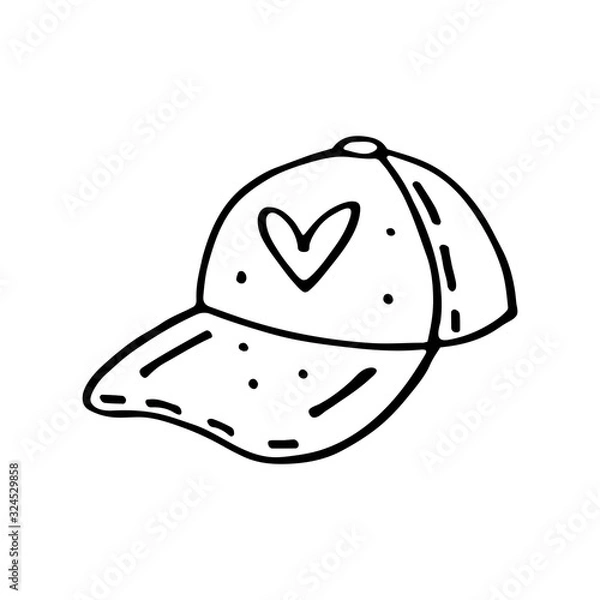 Fototapeta Cap, hat with heart, clothes doodle hand drawn vector illustration, sticker, icon, design element. Black monochrome design. Isolated on white background. Easy to change color. Feminism symbol.  