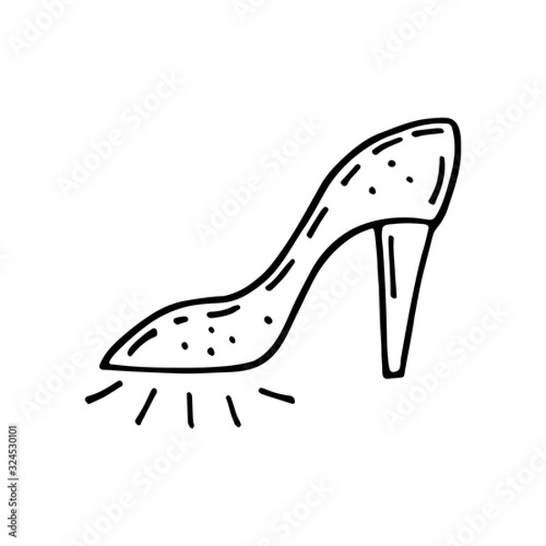 Fototapeta High heeled shoes, footwear doodle hand drawn vector illustration, sticker, icon, design element. Black monochrome design. Isolated on white background. Easy to change color. Feminism symbol.