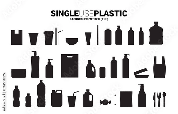 Fototapeta Single use plastic icon. Silhouette of plastic Bottle, bag , cup, blow, spoon, fork, knife.