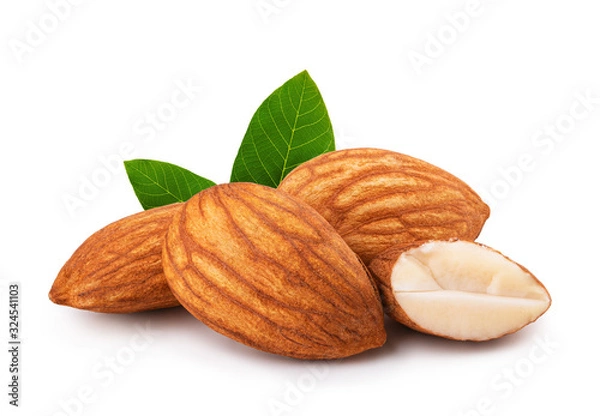 Obraz Almonds with leaves isolated on white background