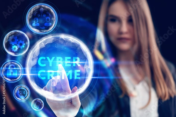 Fototapeta Business, Technology, Internet and network concept. Young businessman working on a virtual screen of the future and sees the inscription: Cyber crime