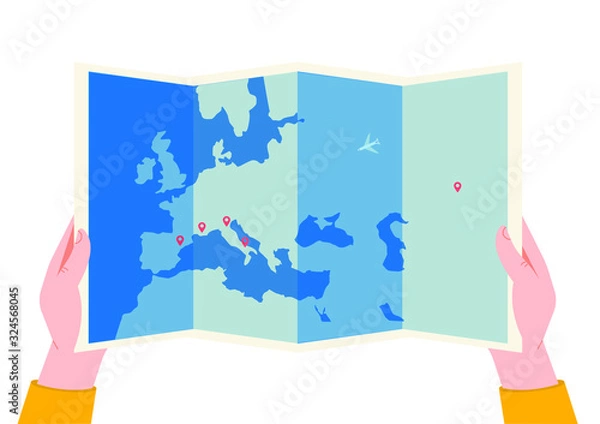 Obraz Hands hold folded paper map of world with color point markers. Tourist look at map and plans his trip. Modern flat vector concept illustrations of travel.