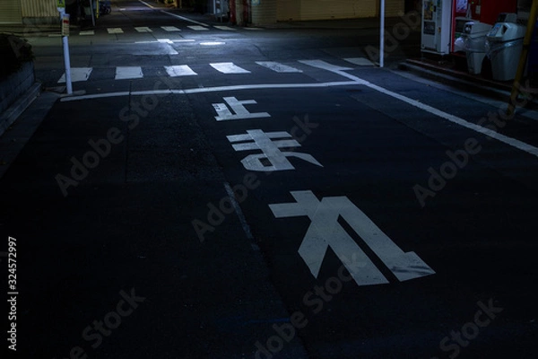 Obraz 【東京都台東区】夜の街の道路の停止線