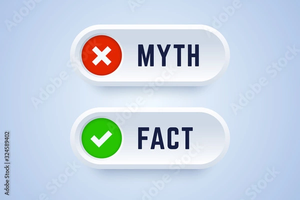 Fototapeta Myth and fact buttons. Banners for true or false facts in 3d style with cross and checkmark symbols. Vector illustration.
