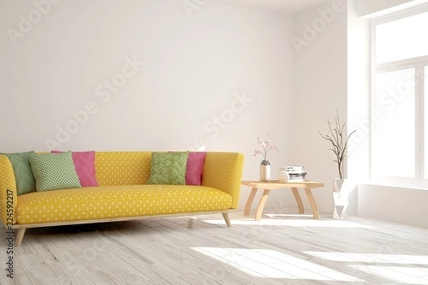 Fototapeta Modern living room in white color with sofa. Scandinavian interior design. 3D illustration