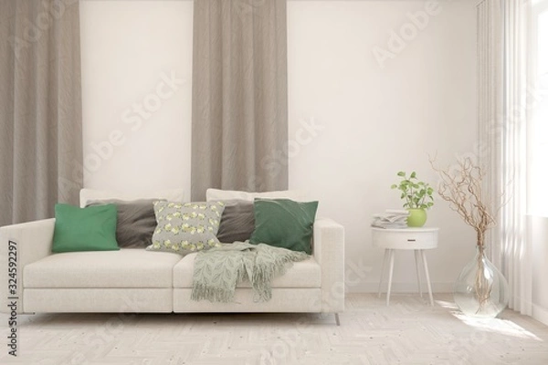 Fototapeta Modern living room in white color with sofa. Scandinavian interior design. 3D illustration