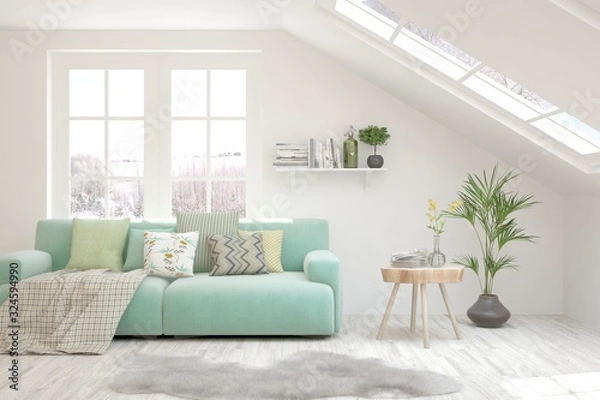 Fototapeta Modern living room in white color with sofa and winter landscape in window. Scandinavian interior design. 3D illustration