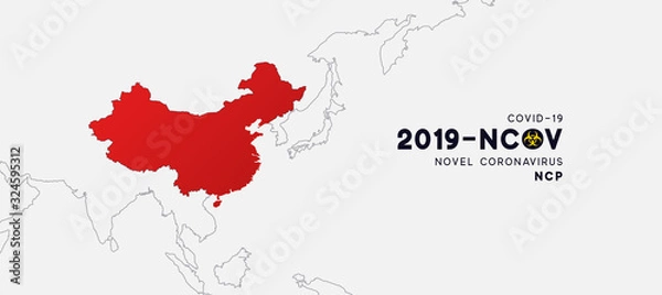 Fototapeta Nowy koronawirus (2019-nCoV). Chiny patogen układu oddechowego koronawirus 2019-nCoV pochodzący z infografiki mapy Wuhan, Azja-Chiny. Virus Covid 19-NCP. nCoV oznacza jednoniciowy wirus RNA.