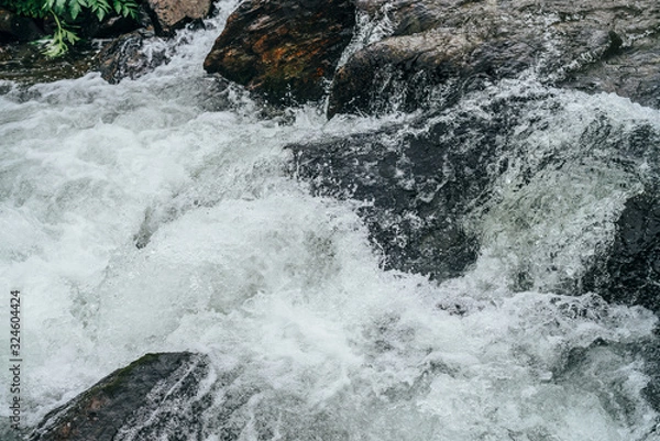 Fototapeta Full frame nature background of water riffle of mountain river. Powerful water stream of mountain creek with rapids. Natural textured backdrop of fast flow of mountain brook. Rapids texture close-up.