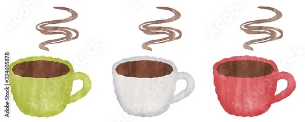 Fototapeta コーヒー　カラフルなマグカップ　水彩風イラスト