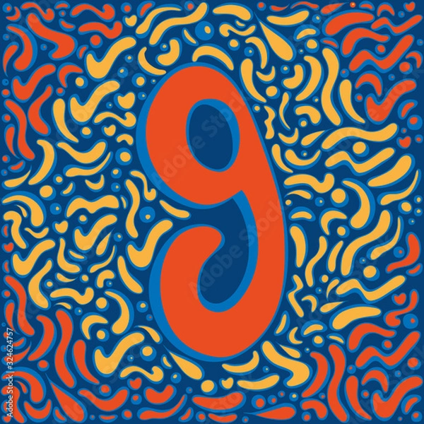 Fototapeta G letter. Handwritten round letter with blue shadow in trendy orange color. Abstract pattern of different curved shapes around. Hand drawn style design element. Vector illustration. Educational card.