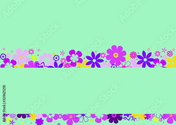 Fototapeta It's spring time! Blank card with green frame and colorful flowers on green background. Illustration.