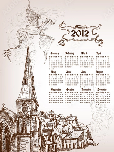 Fototapeta Calendar 2012 with  symbol of dragon and old city.