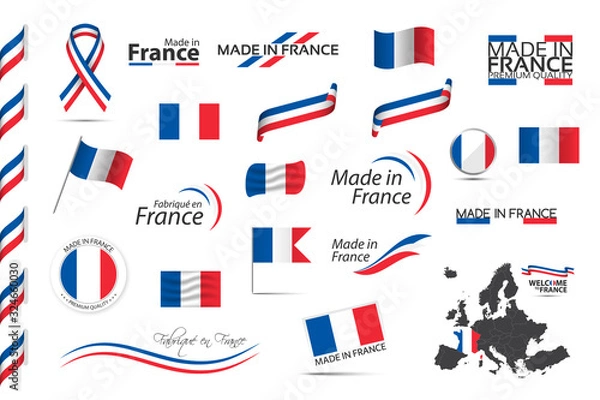 Fototapeta Big set of French ribbons, symbols, icons and flags isolated on a white background, Made in France, Welcome to France, premium quality, French tricolor, set for your infographics and templates