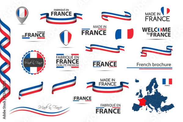 Fototapeta Duży zestaw francuskich wstążek, symboli, ikon i flag na białym tle, Made in France, Welcome to France, jakość premium, francuski tricolor, zestaw do infografik i szablonów