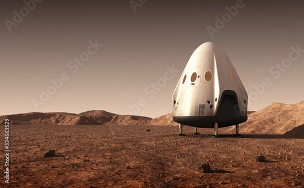 Obraz Moduł zniżania komercyjnego statku kosmicznego na powierzchni planety Mars