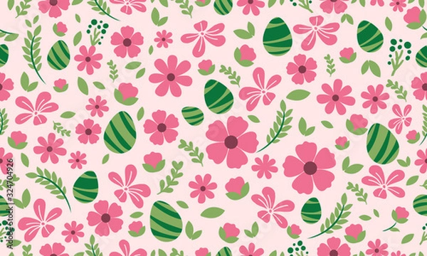 Fototapeta Easter pattern background, with simple leaf and flower drawing.
