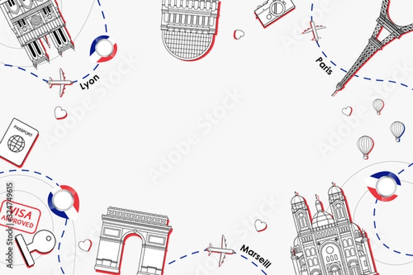 Fototapeta Famous landmarks of france in top view composition scene design for travel or tourism and transport