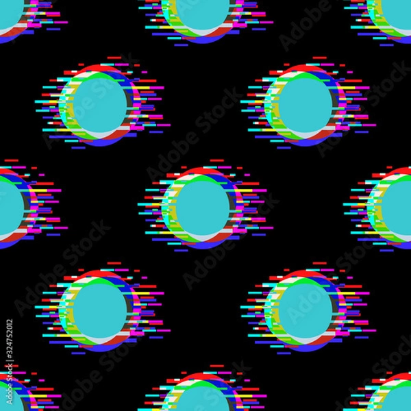 Fototapeta Seamless vector pattern with polka dot ornament with glitch effect on black background. Stock illustration for web, print, wallpaper and backgrounds. 