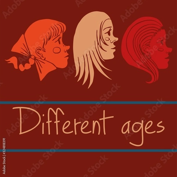 Obraz Female head face vector illustration text hand drawing different age
