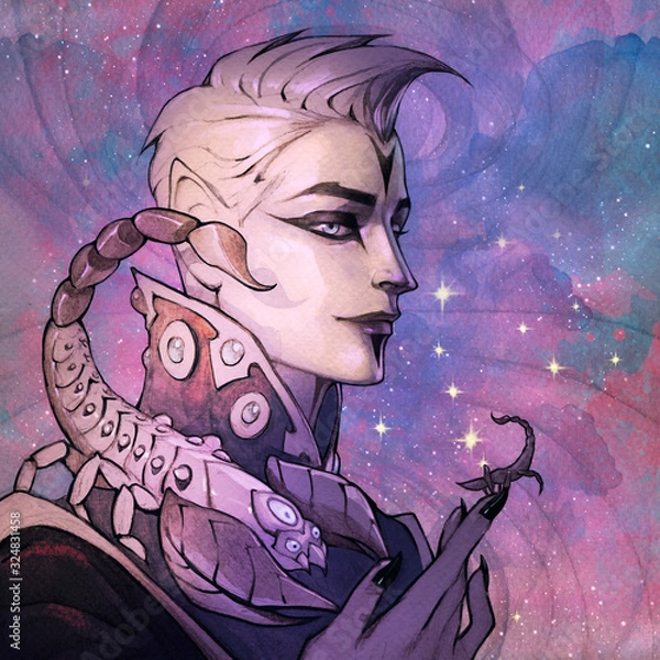 Fototapeta Digital original illustration of a zodiac character, Scorpio, as a fantasy style portrait of a handsome man  wearing decorated horns