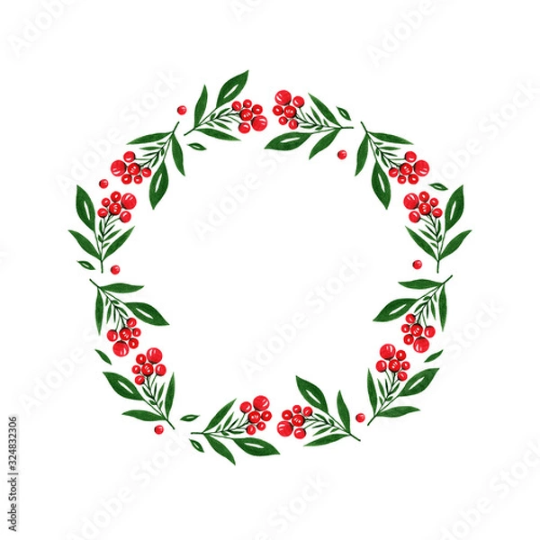 Fototapeta Wreath with red berries and green leaves, isolated on white background. Hand drawn watercolor illustration. Design for invitation, wedding or greeting cards.