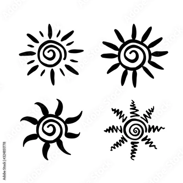 Fototapeta Set of hand drawn sun symbols. Silhouette of suns. Graphic elements for decorative ornament. Vector illustration isolated