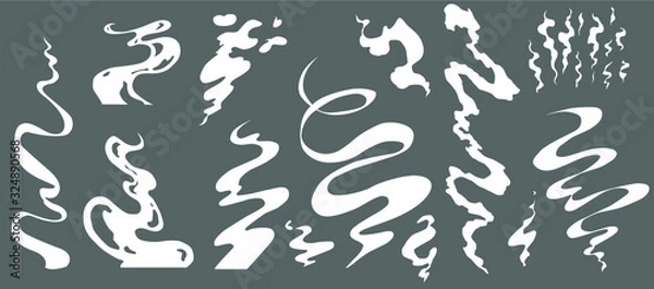 Fototapeta Steam clouds set. Cartoon white smoke vector Illustration. Fog flat isolated clipart for design, effects, advertising posters. Mist, fog, watery vapour or dust explosion, menu and web design 2D VFX 