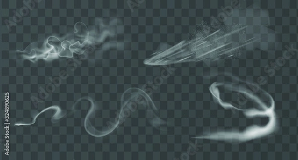 Fototapeta Wektor realistyczny plusk pyłu w proszku, piasku i dymu pod kołami. Grunge tekstur zakurzonego szlaku od ruchu opony na przezroczystym tle. chmury pary, zaciąg, mgła, mgła, para.