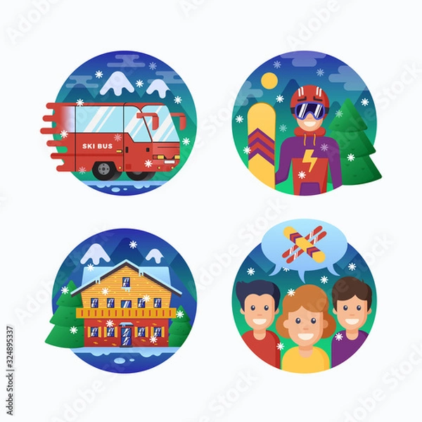 Fototapeta Ski or Snowboard Resort Icons Collection. Vector Circle Banners of Snowboarding Instructor, Ski Bus, Alpine Hotel and Like-Minded People with Snowflakes. Action Sports Emblems Set.