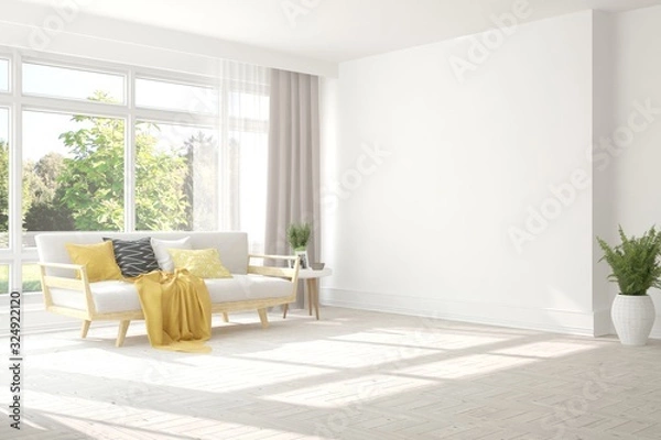 Fototapeta Minimalistyczny salon w kolorze białym z sofą i letnim krajobrazem w oknie. Skandynawski wystrój wnętrz. Ilustracja 3D
