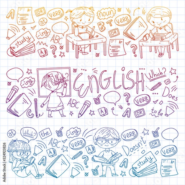 Obraz English school for children. Learn language. Education vector illustration. Kids drawing doodle style image.