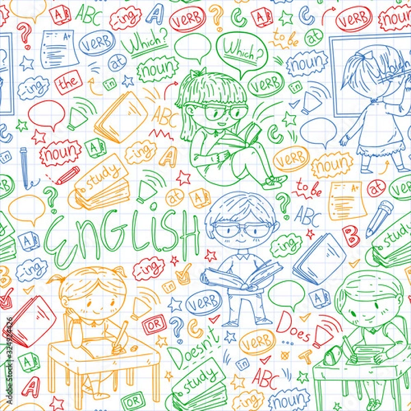 Fototapeta English school for children. Learn language. Education vector illustration. Kids drawing doodle style image.