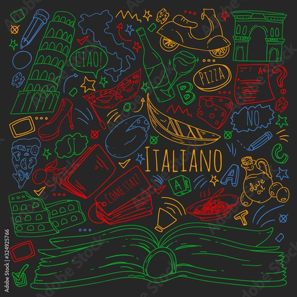 Fototapeta Italian language learning. Vector pattern with icons and national symbols of Italy.