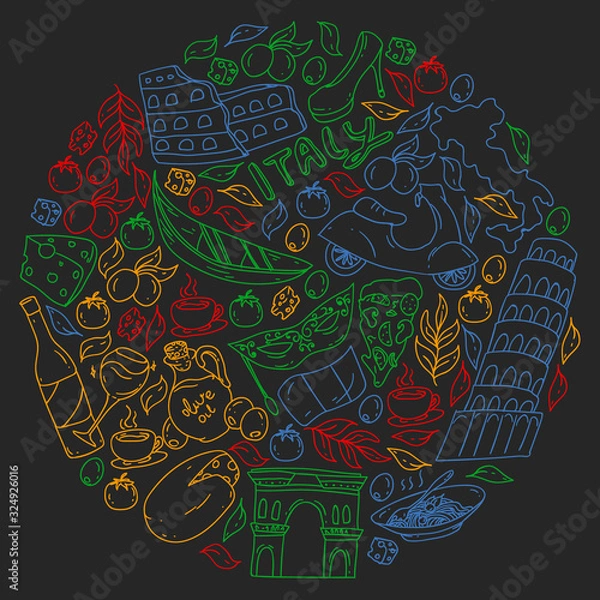 Fototapeta Italy vector elements and icons. Doodle pattern with italian culture, cities Roma, Venice, Milan, cheese, wine.