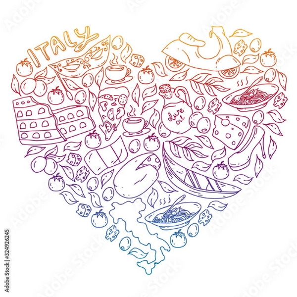 Obraz Italy vector elements and icons. Doodle pattern with italian culture, cities Roma, Venice, Milan, cheese, wine.