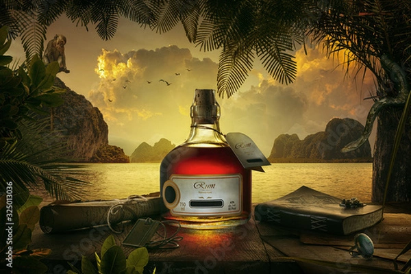 Obraz NO LOGO OR TRADEMARK!  view of bottle of rum  on sunset background. 