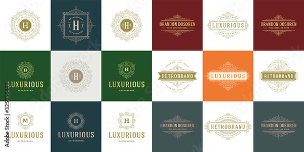 Fototapeta Vintage logos templates set, vector flourishes calligraphic elegant ornaments frames and borders.