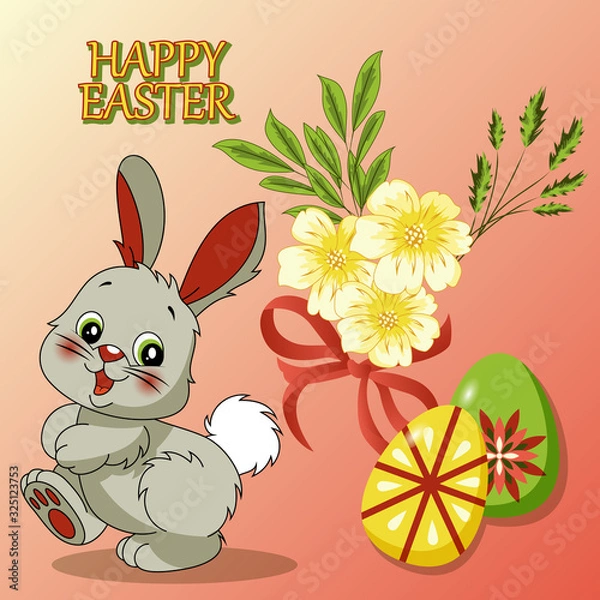 Obraz Easter greeting card with rabbit, eggs and flowers