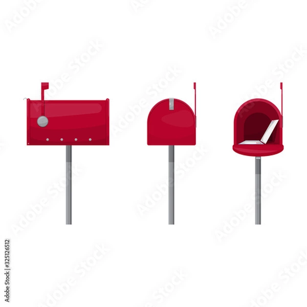 Fototapeta Red mailbox raised flag with letter inside, beside and front view, vector illustration, isolated on white background