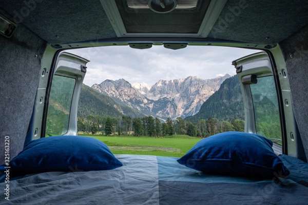 Fototapeta View from bed in camper van to Kamnik-Savinja Alps