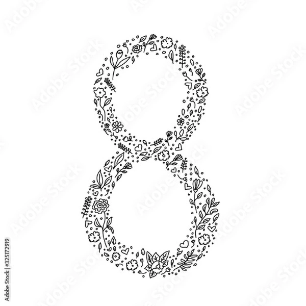Fototapeta Hand drawn floral elements in the shape of number eight on white background. Vector illustration in doodle style. Good for design Women's Day card, t-shirt design, fabric print, decoration.