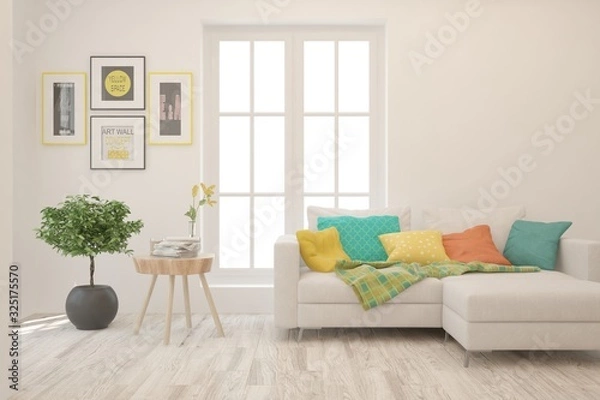 Fototapeta Modern living room in white color with sofa. Scandinavian interior design. 3D illustration